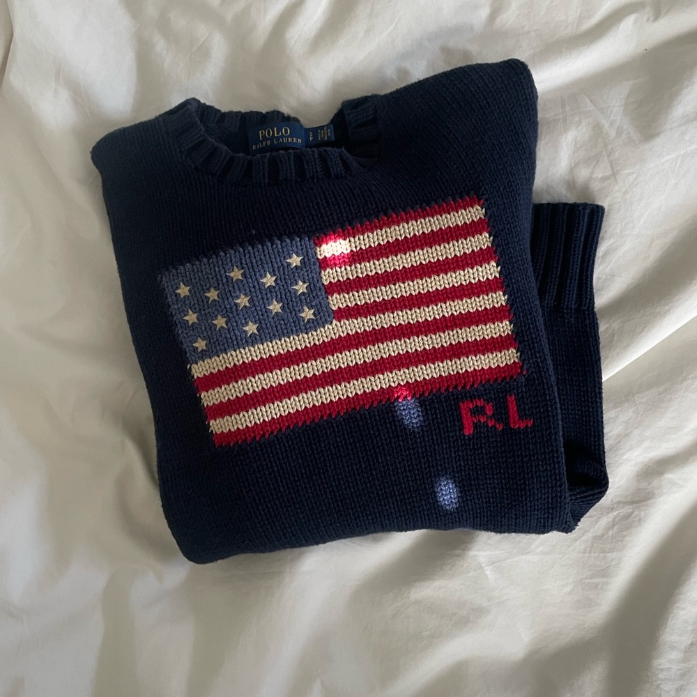 Polo Ralph Lauren Navy Blue American Flag sweater, 100% cotton Americana preppy